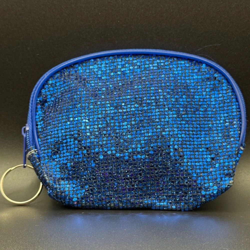 Sparkly Blue Cosmetic Bag Pouch Zippered Keychain Holder Rhinestone Glitter